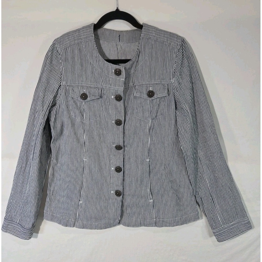 Christopher & Banks Hickory Striped Button Up Jacket‎ Sz Medium Stretch Nautical